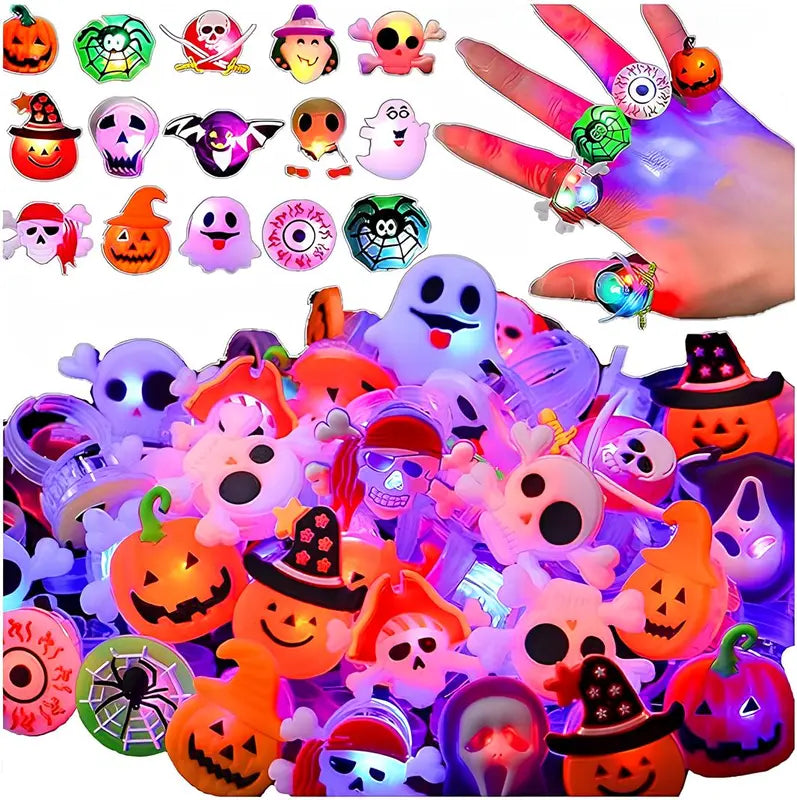 50PCS Halloween QIAWI LED Rings – Pumpkin & Skull Glow Toys