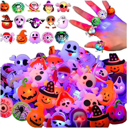 50PCS Halloween QIAWI LED Rings – Pumpkin & Skull Glow Toys